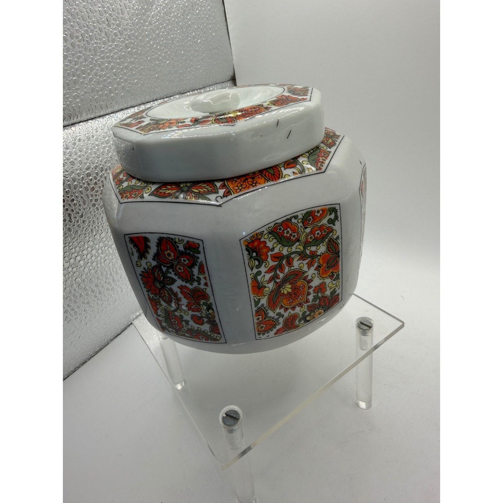 Hung‎ Jin China Octagonal Ginger Jar Floral Paisley Orange White Lidded Pot 4.5" - Picture 6 of 8